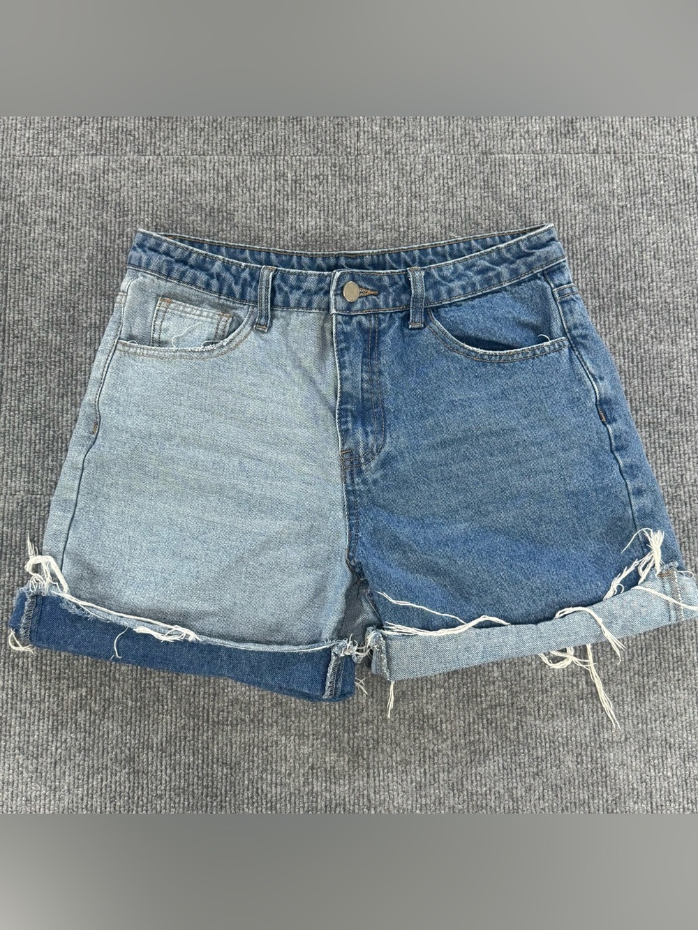 12TH TRIBE Denim Shorts Medium M Half Colorblock High Rise Raw Hem Festival Boho